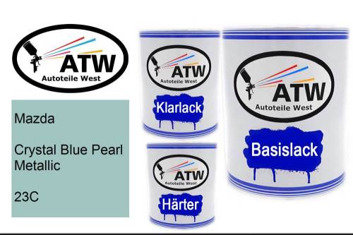 Mazda, Crystal Blue Pearl Metallic, 23C: 1L Lackdose + 1L Klarlack + 500ml Härter - Set, von ATW Autoteile West.